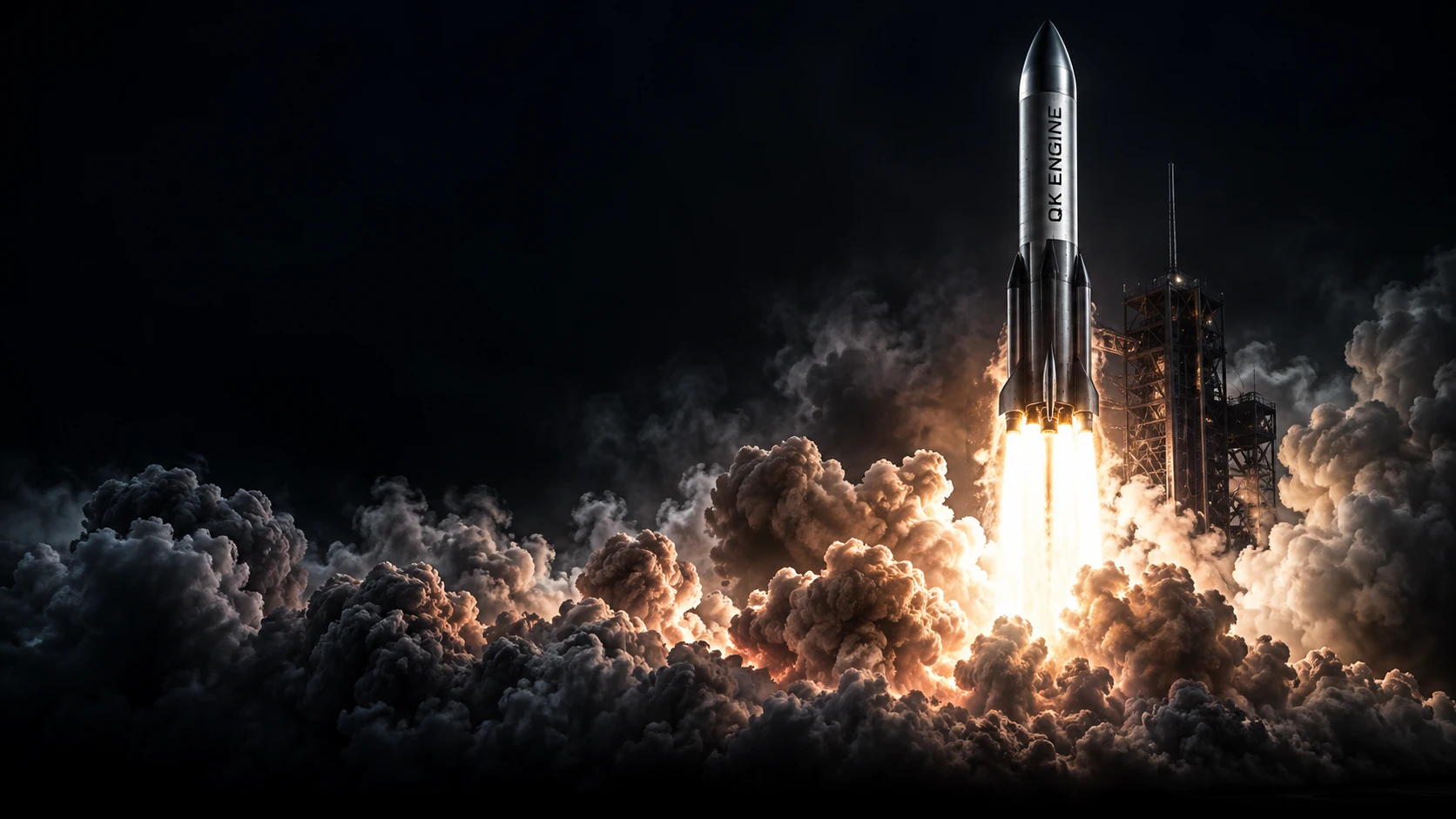 QK ENGINE concept rocket launching into darkness, with bright exhaust and billowing gas clouds